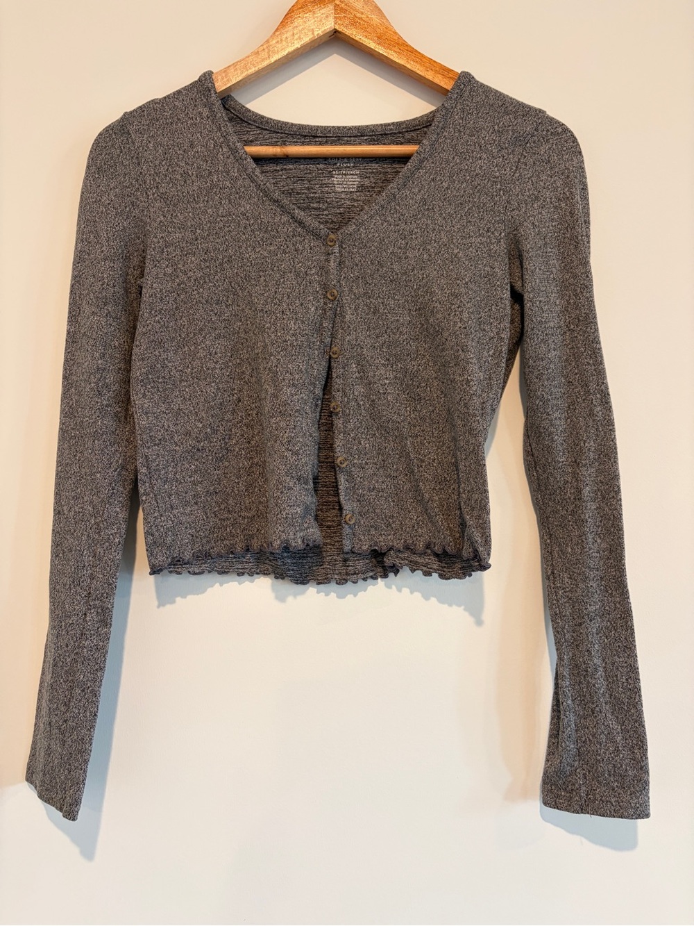 American Eagle Soft & Sexy Plush Cropped Cardigan XS Grey Lettuce Edge Trim